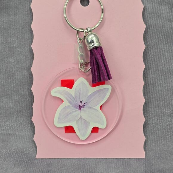 Letter Keychain Clear Silver Circle Handmade Acrylic Tassel Flower W Purple - Picture 3 of 3